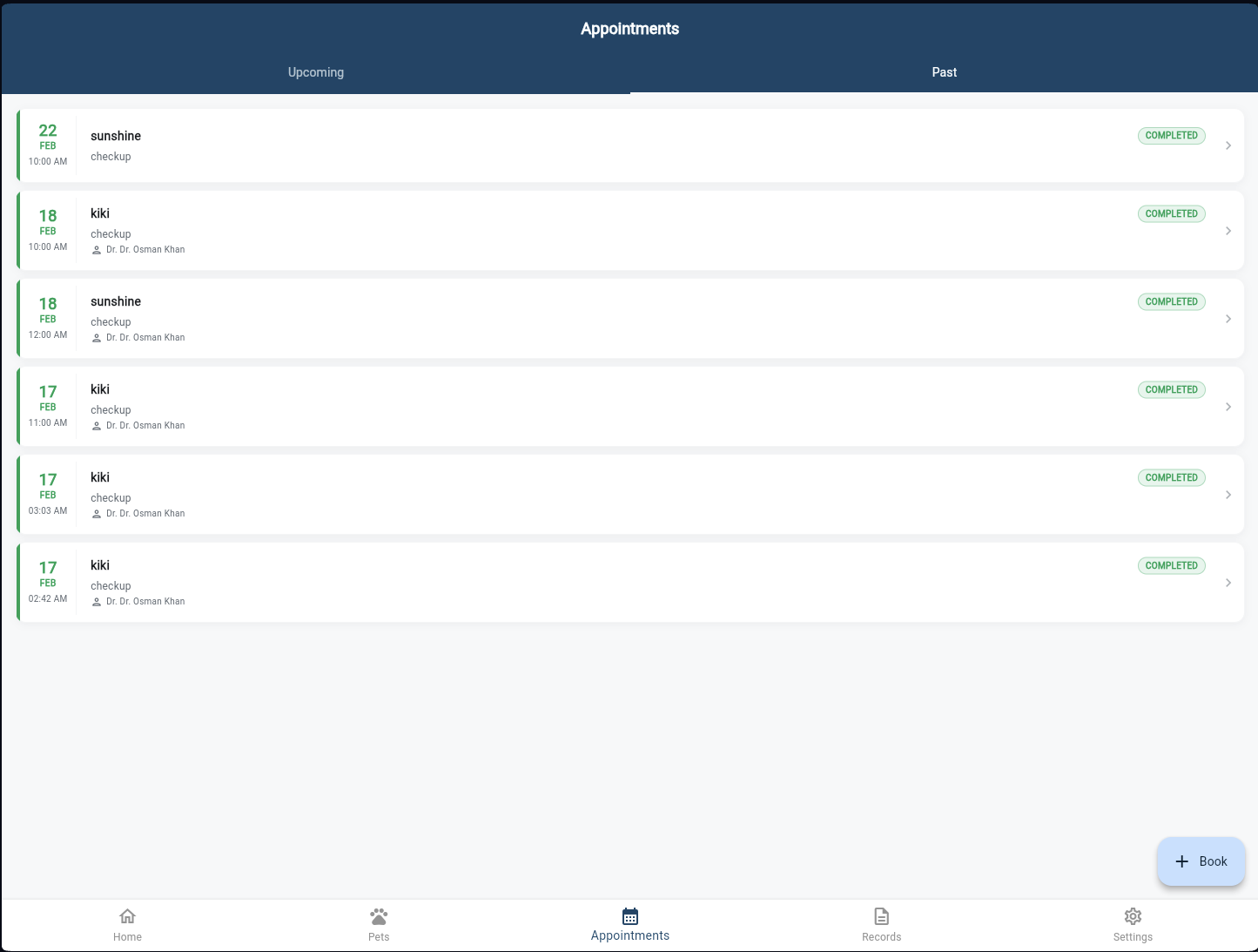 Appointments list showing past completed checkups with dates and assigned vet