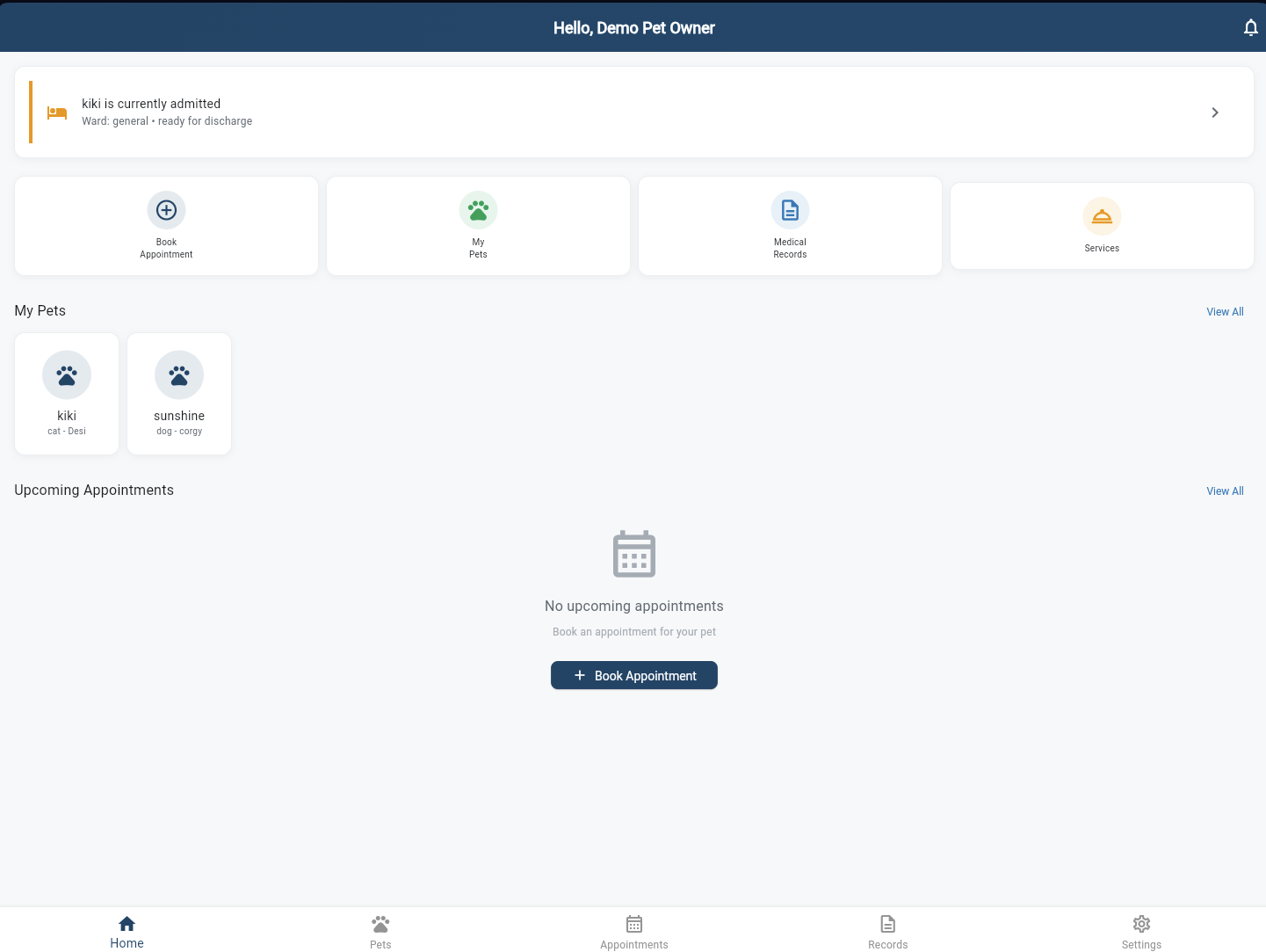 Home screen showing inpatient alert, quick actions, My Pets, and upcoming appointments