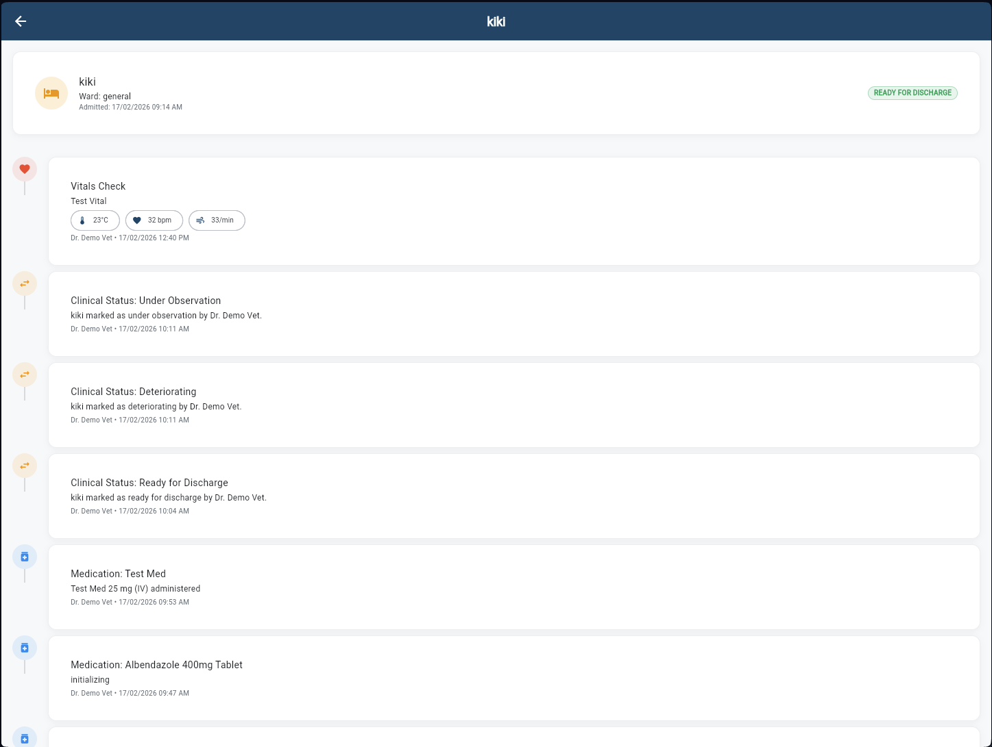 Inpatient tracker showing admission timeline with vitals, status changes, and medication entries