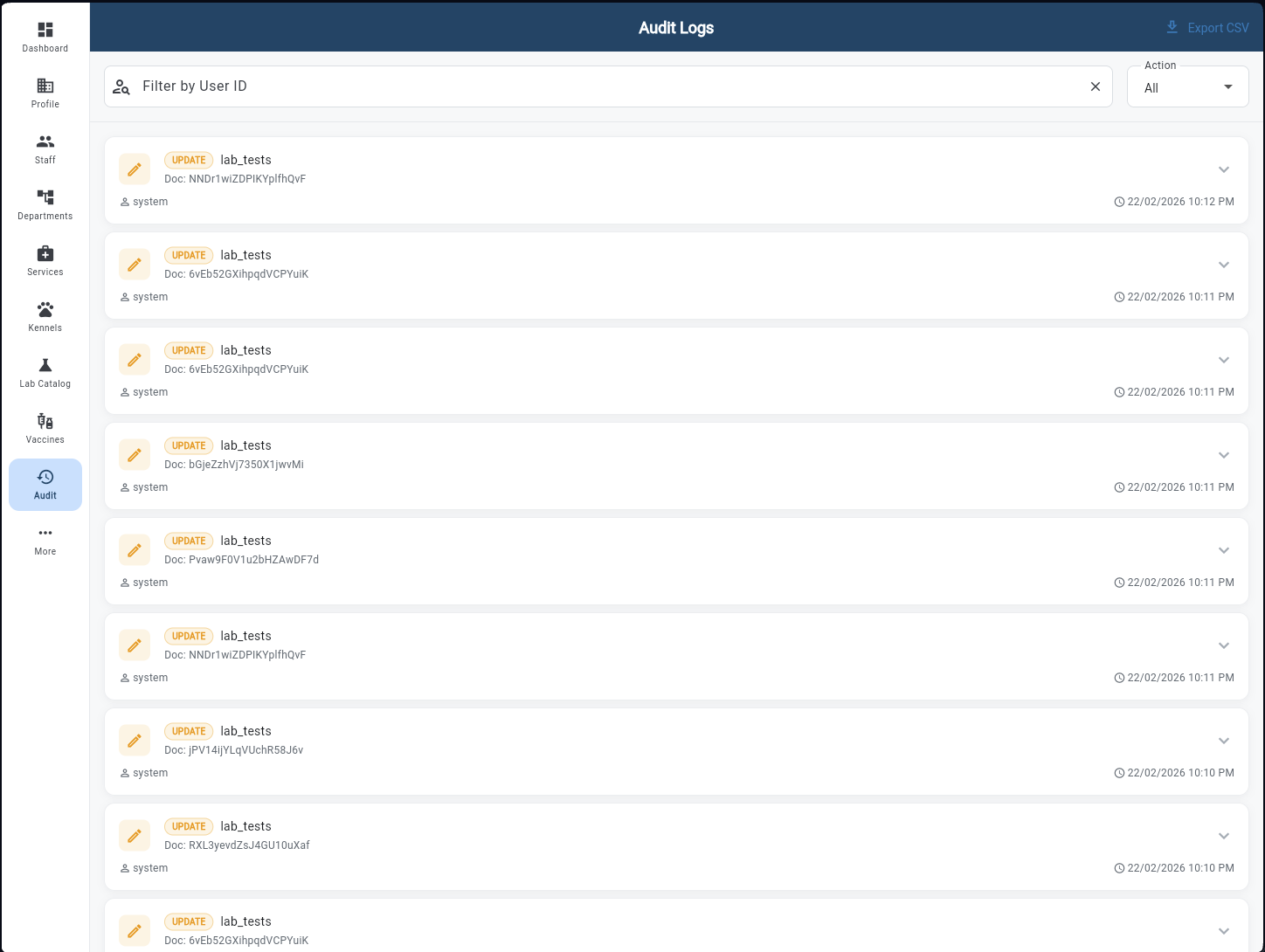 Audit Logs with Filter by User ID, Action filter, UPDATE lab_tests entries with document IDs and timestamps