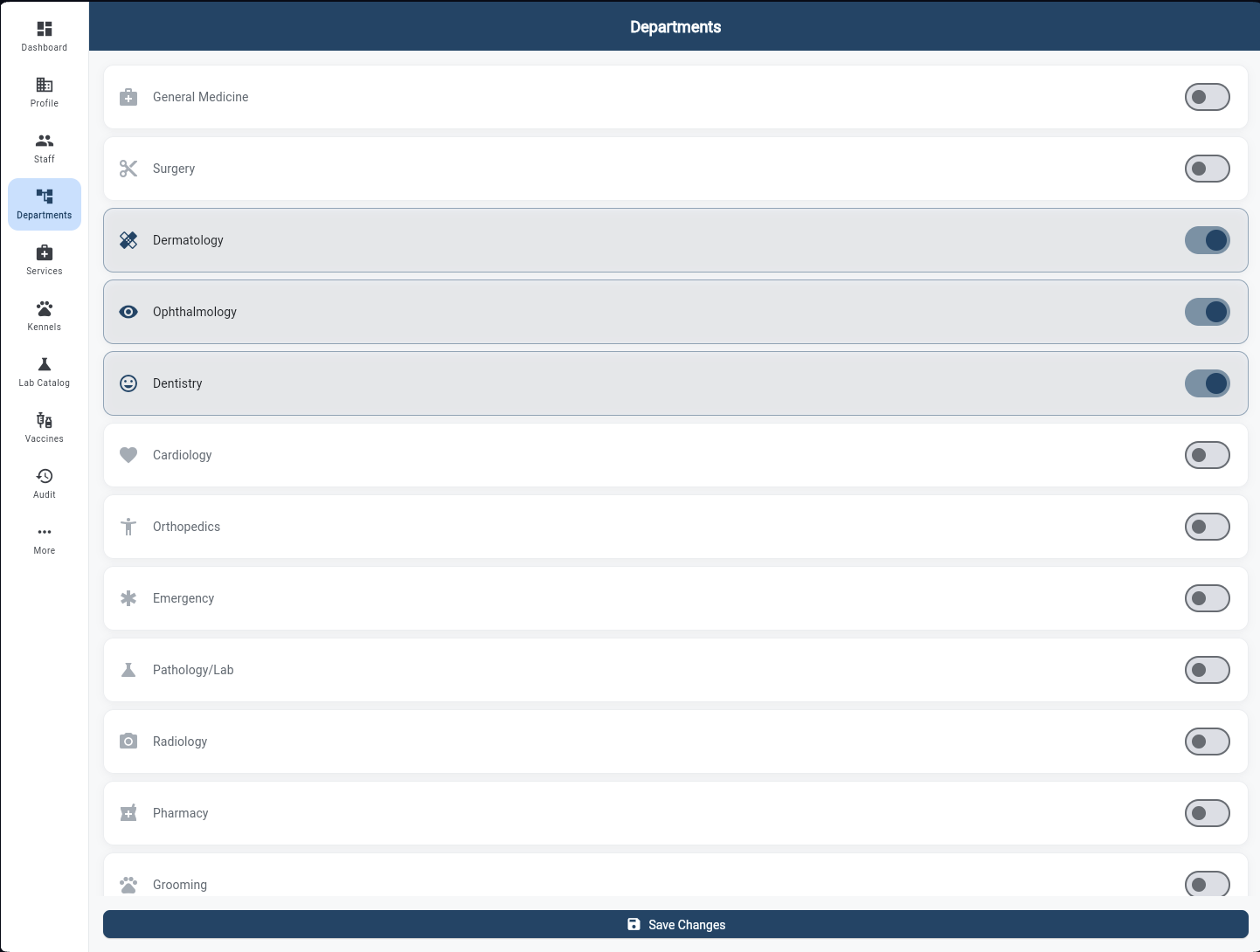 Departments screen with enable/disable toggles for General Medicine, Surgery, Dermatology, Ophthalmology, Dentistry, and more