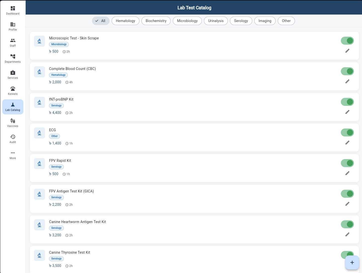 Lab Test Catalog with Hematology/Biochemistry/Microbiology/Serology filters, CBC ৳2,000, ECG ৳1,400, FPV Rapid Kit ৳500
