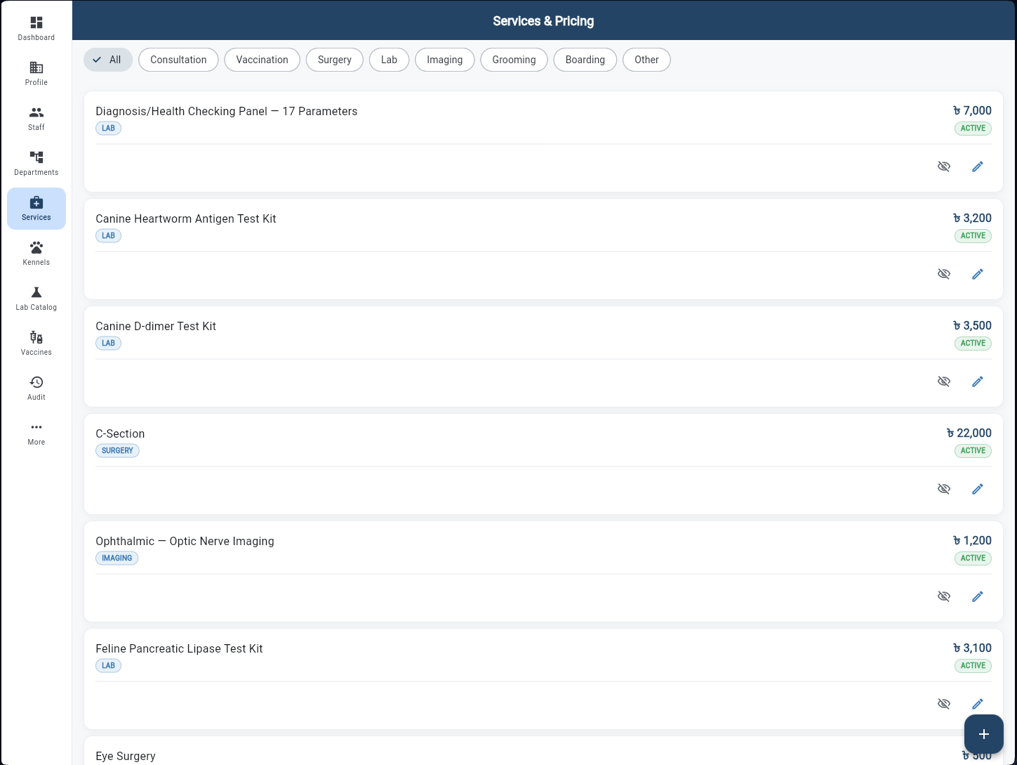 Services & Pricing with category filter chips, service list showing LAB, SURGERY, IMAGING badges, BDT prices, and ACTIVE status