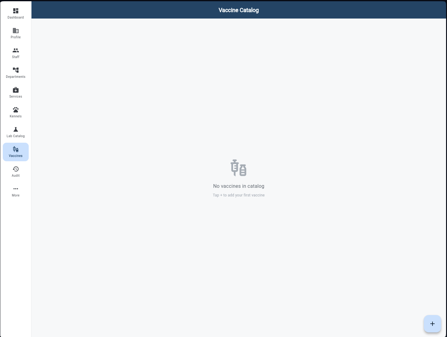 Vaccine Catalog empty state showing 'No vaccines in catalog, Tap + to add your first vaccine' prompt