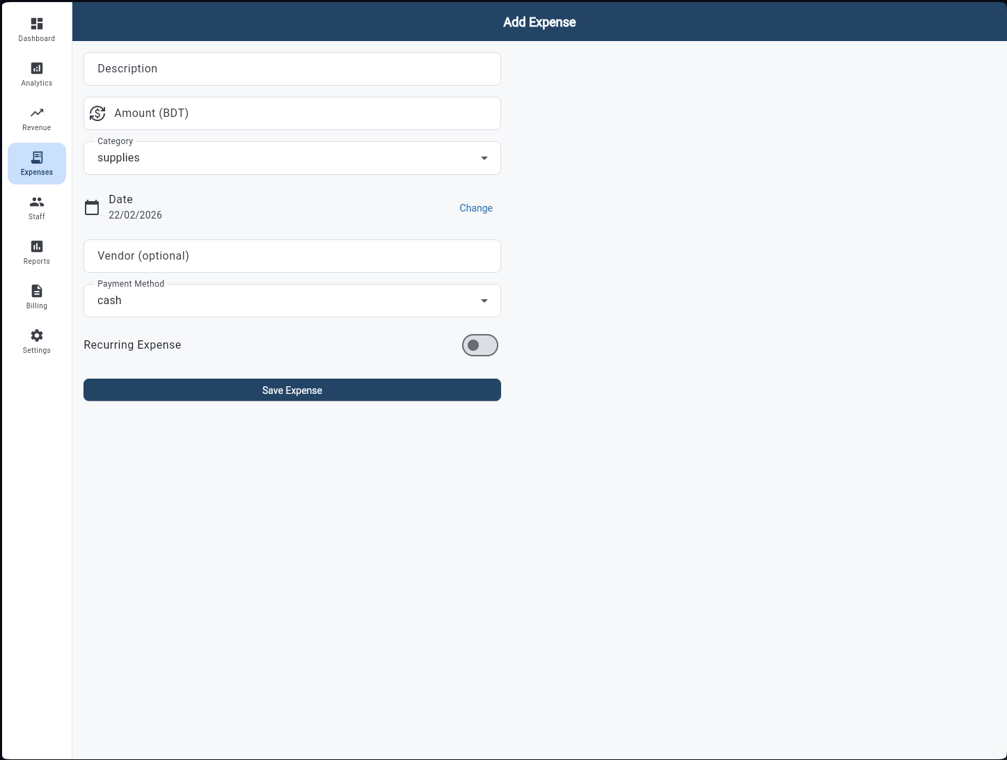 Add Expense form with Description, Amount, Category, Date, Vendor, Payment Method, and Recurring toggle