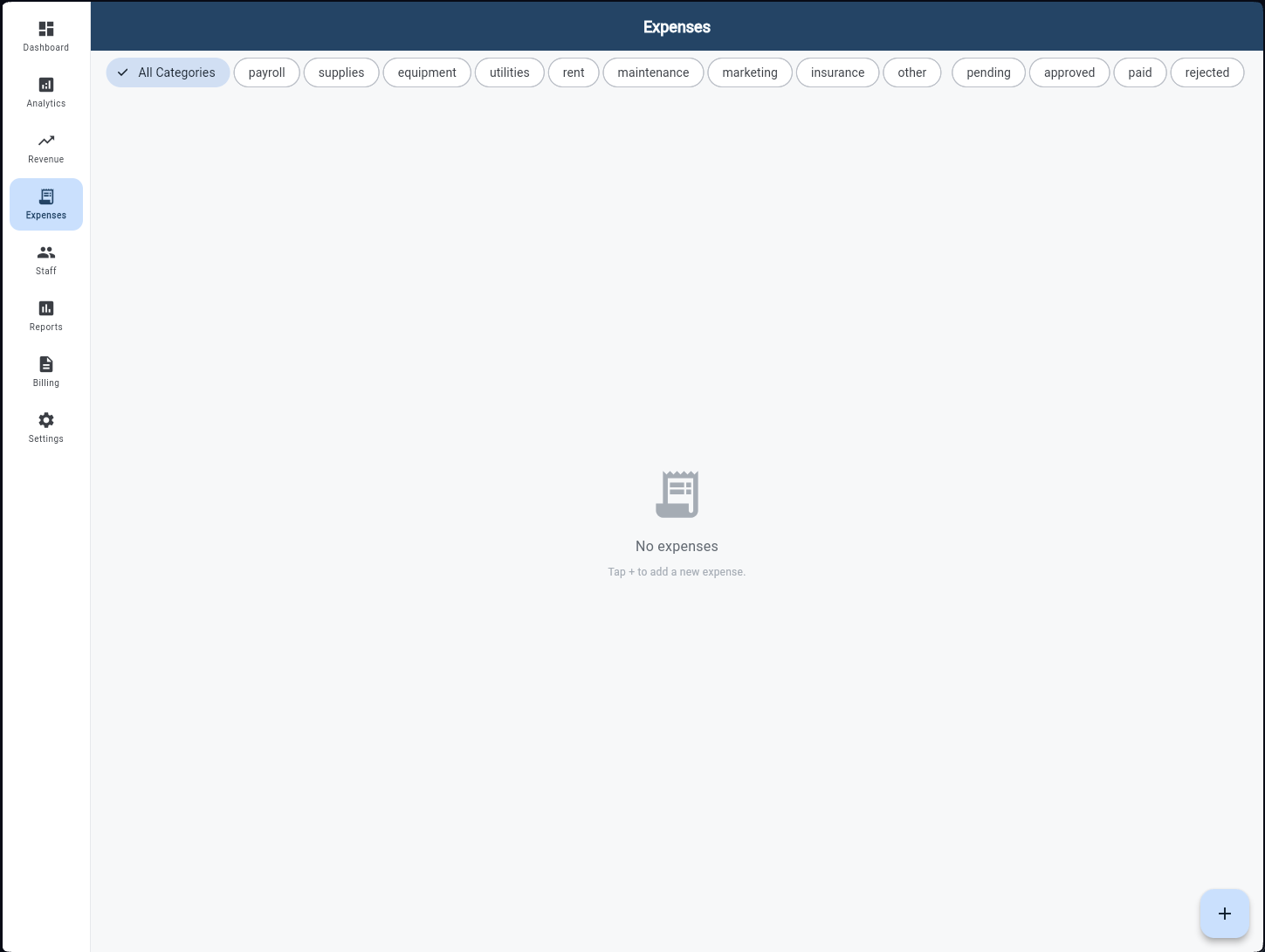 Expense Management with category filter chips and expense list with approval status