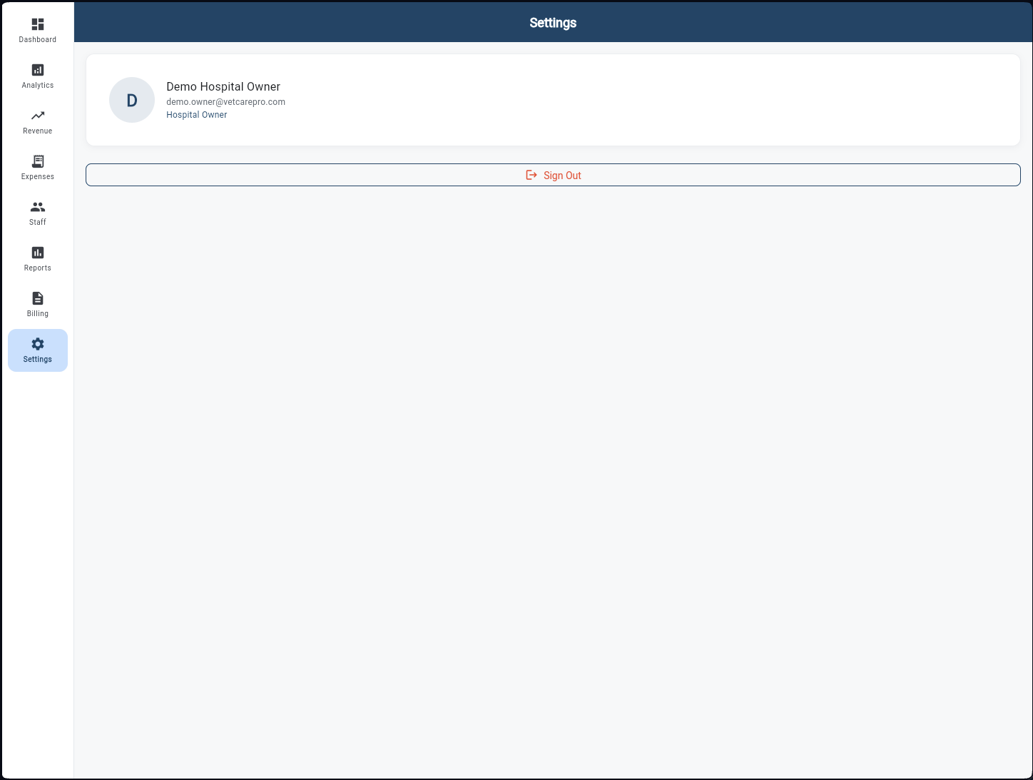 Settings screen showing owner profile card, account options, and Sign Out button
