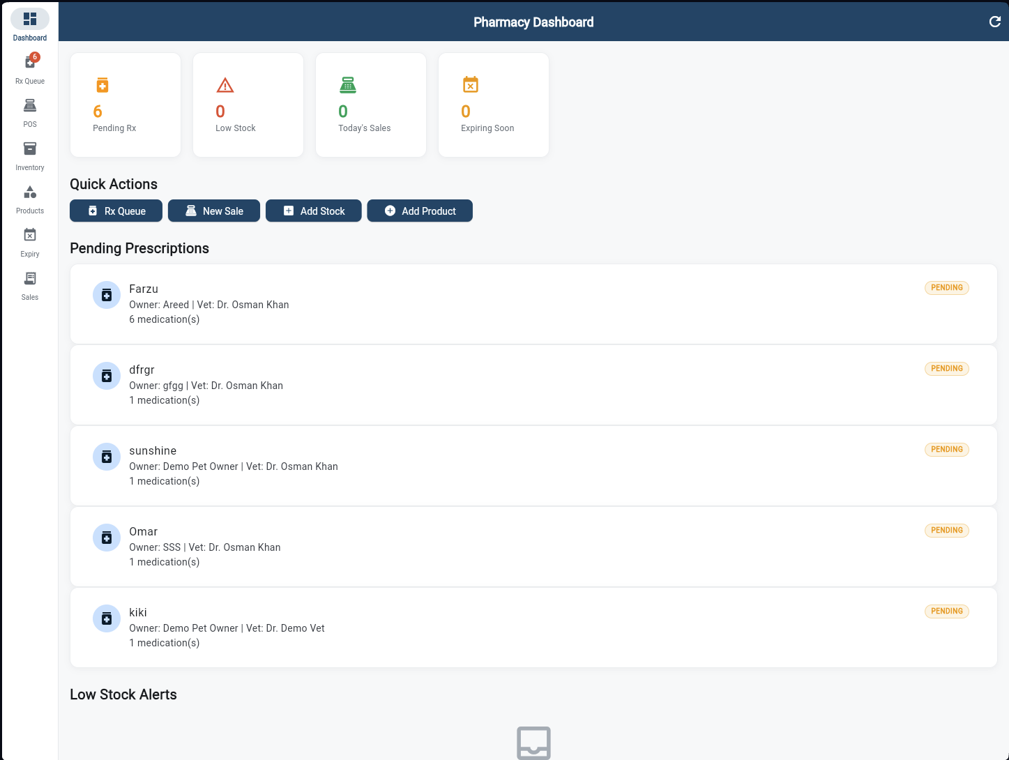 Pharmacy Dashboard with KPI cards, Quick Actions, and Pending Prescriptions list