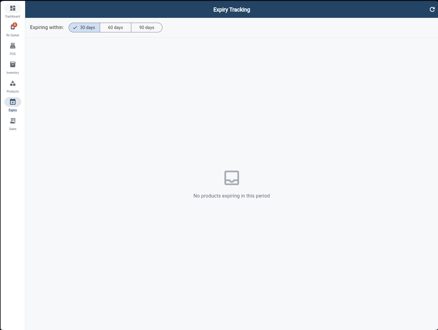 Expiry Tracking screen with 30/60/90 day filter tabs to monitor approaching expiry dates