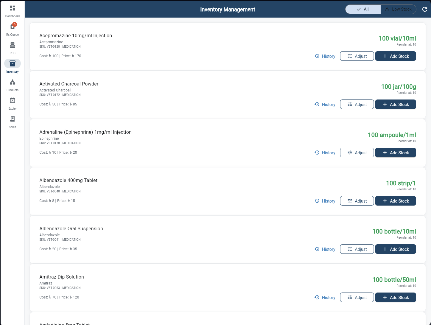 Inventory Management showing products with stock levels, cost/price, and History/Adjust/Add Stock actions