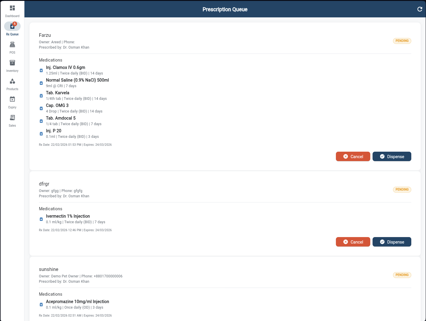 Prescription Queue with full medication list, dosage details, and Dispense/Cancel actions
