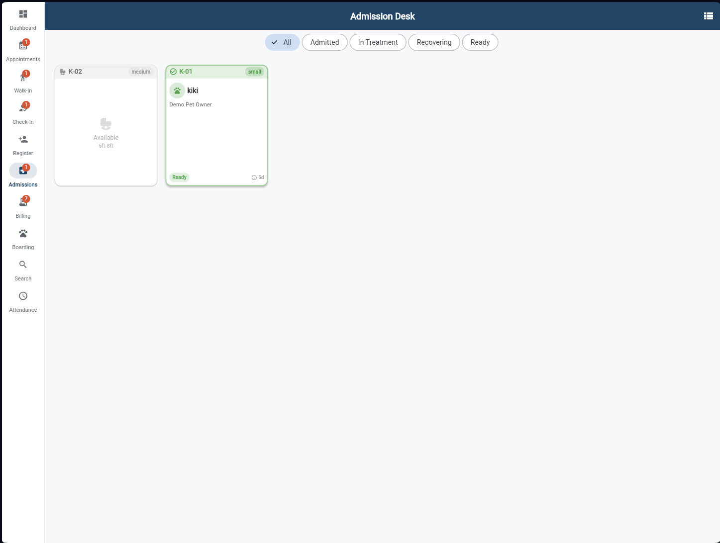 Admission Desk with kennel cards showing K-01 occupied and K-02 available