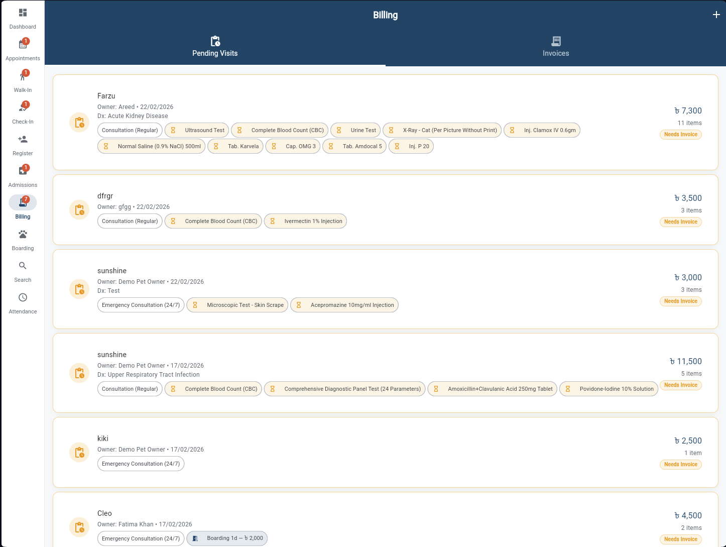 Billing Pending Visits showing visits with itemised charges and Needs Invoice badge