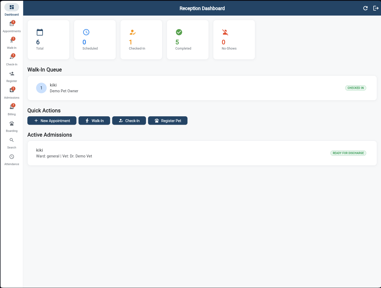 Reception Dashboard with KPIs, Walk-In Queue, Quick Actions, and Active Admissions