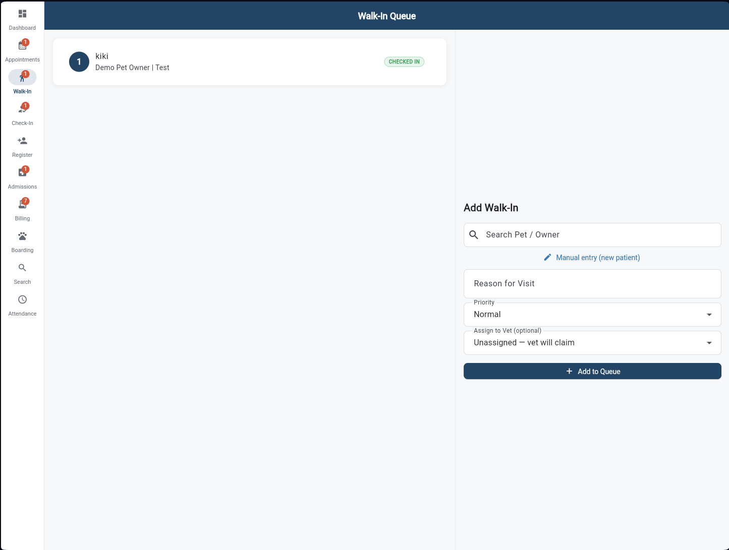 Walk-In Queue screen with search, reason for visit, priority and vet assignment