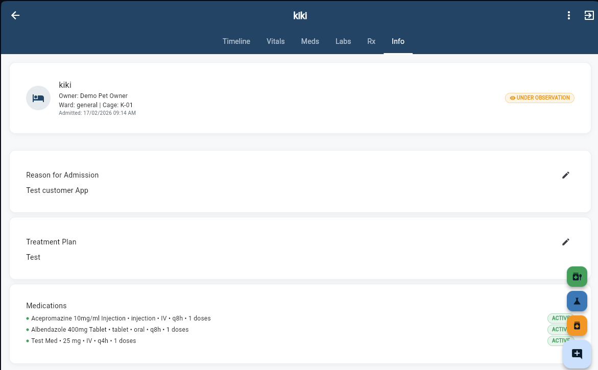 Admission info with reason, treatment plan, and medications