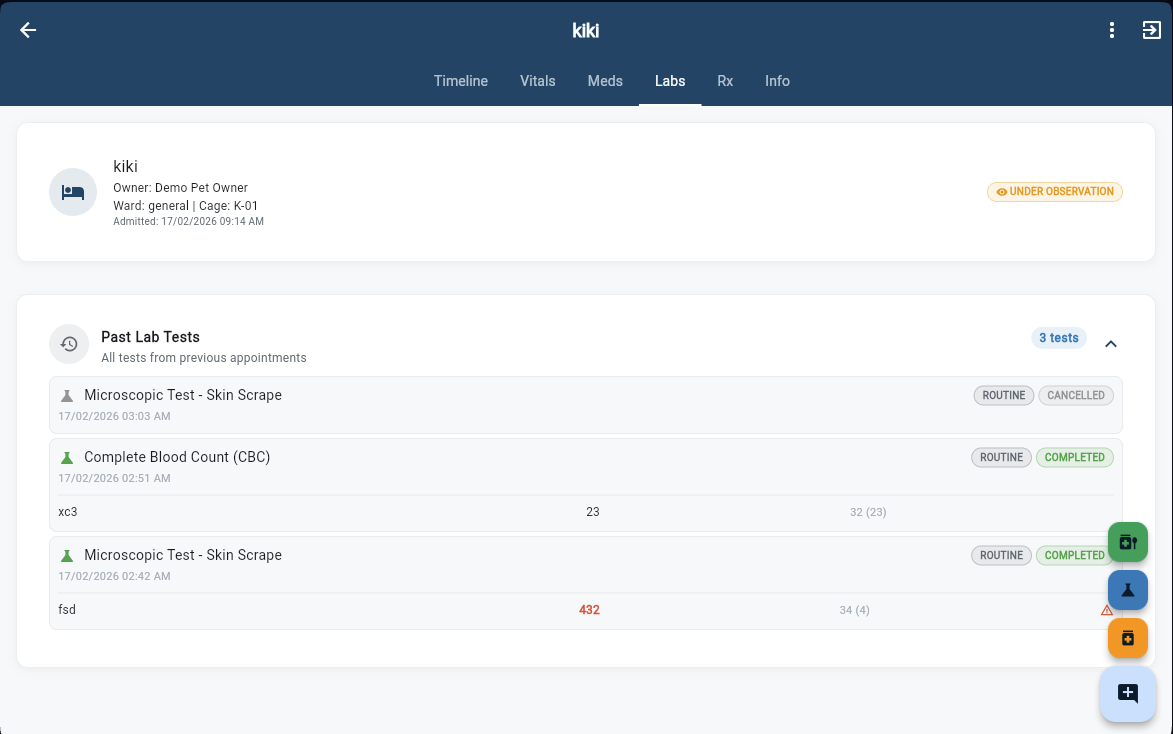 Lab results with status badges and reference ranges