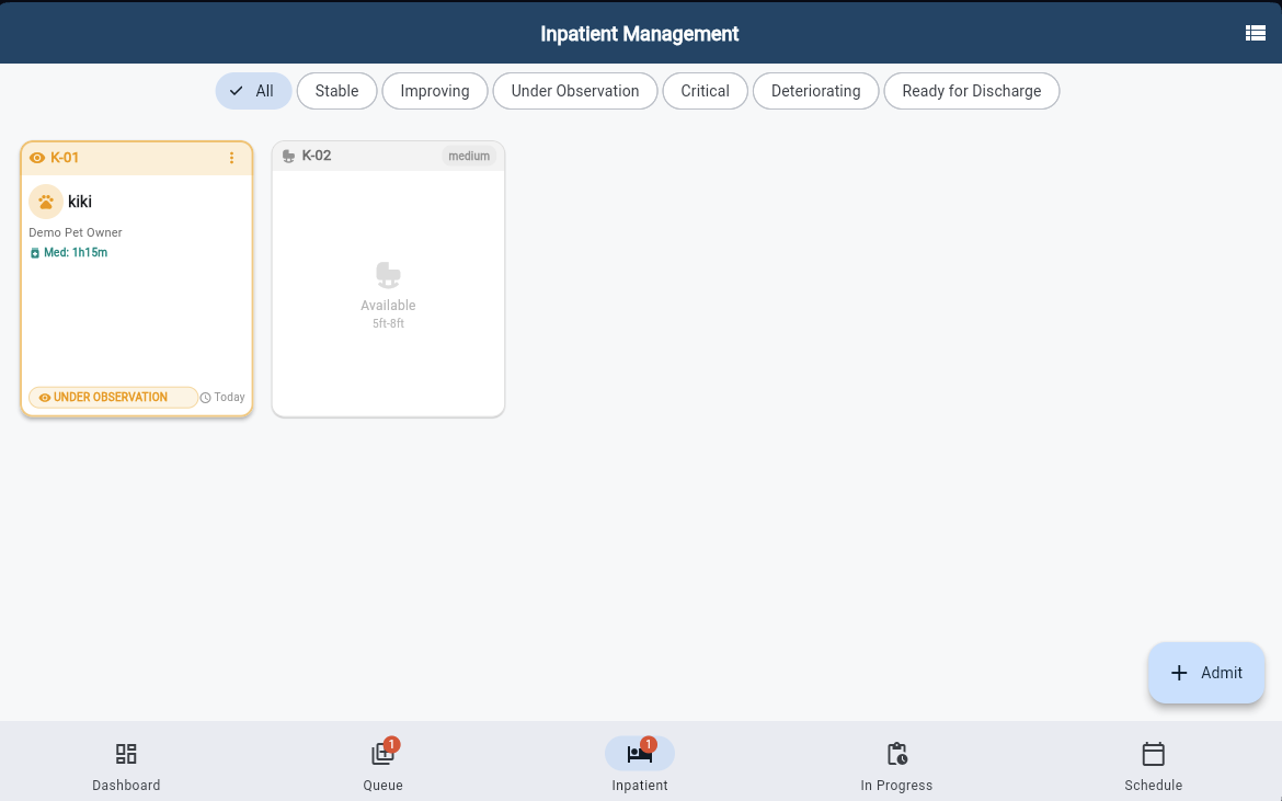 Inpatient ward with kennel cards and status filters