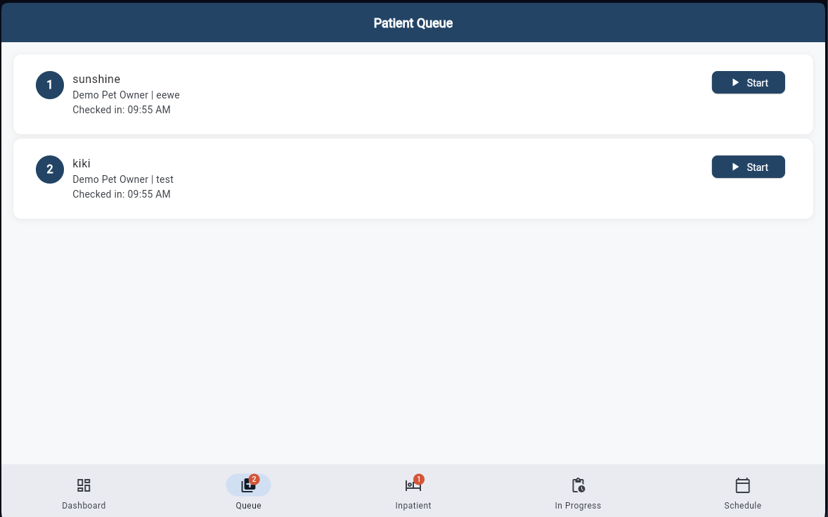 Patient queue with one-tap start button