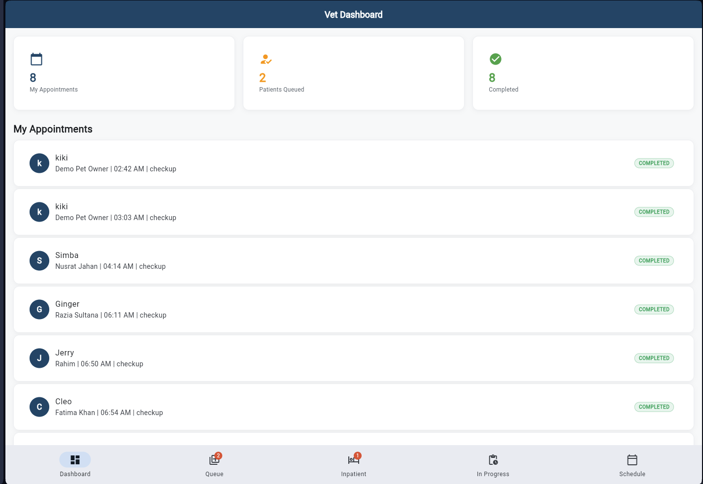 Vet Dashboard showing today's appointments and KPIs